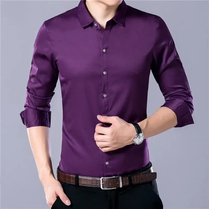 R&z - Men’s Casual Fashion Business Solid Color Long Sleeved Shirt - Dress Shirt