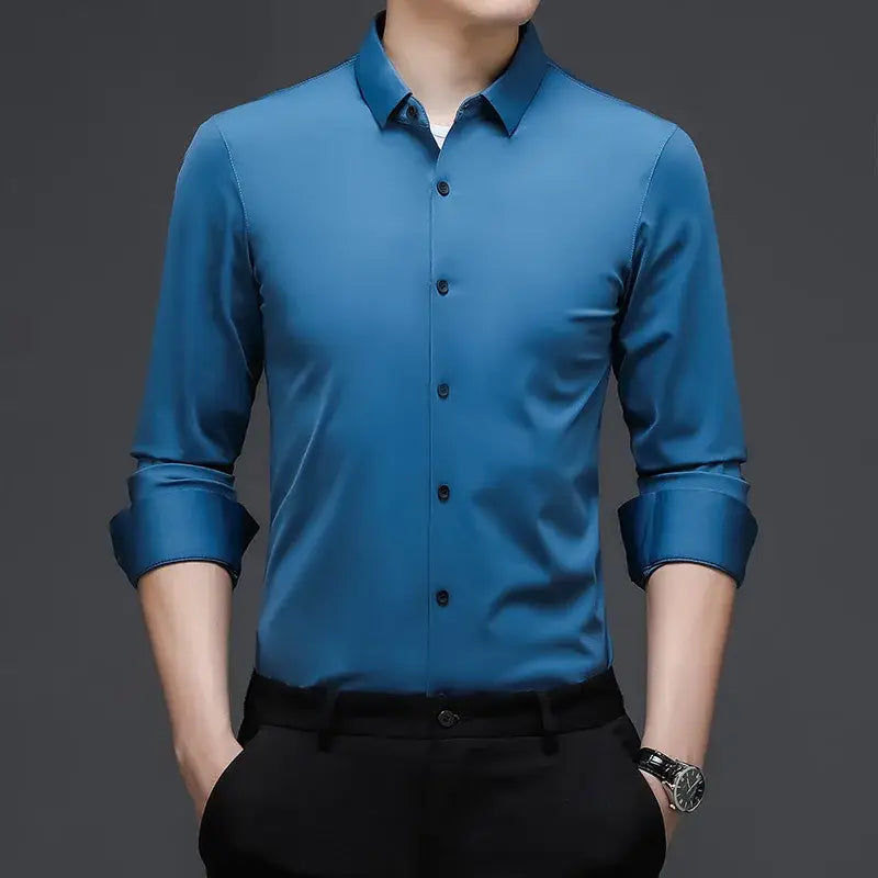 R&z - Men’s Casual Fashion Business Solid Color Long Sleeved Shirt - Lake blue / XXXL - Dress Shirt