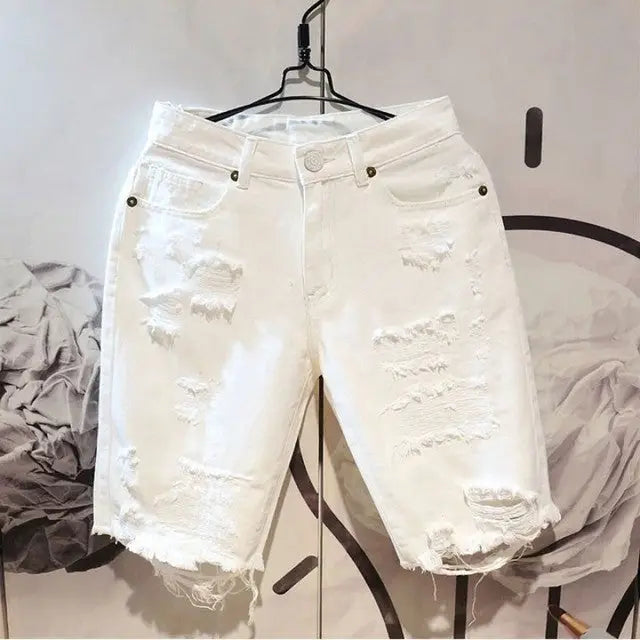 Men’s Casual White Ripped Denim Summer Shorts - White / 30