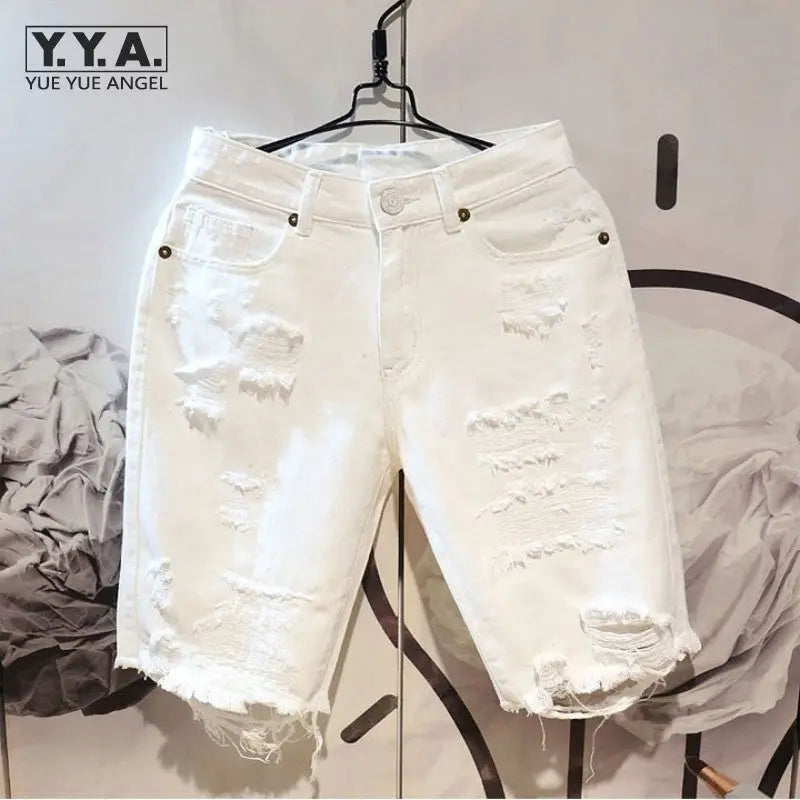 Men’s Casual White Ripped Denim Summer Shorts