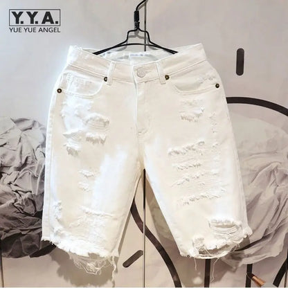 Men’s Casual White Ripped Denim Summer Shorts