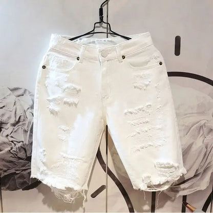 Men’s Casual White Ripped Denim Summer Shorts - White / 33