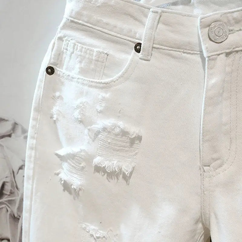 Men’s Casual White Ripped Denim Summer Shorts