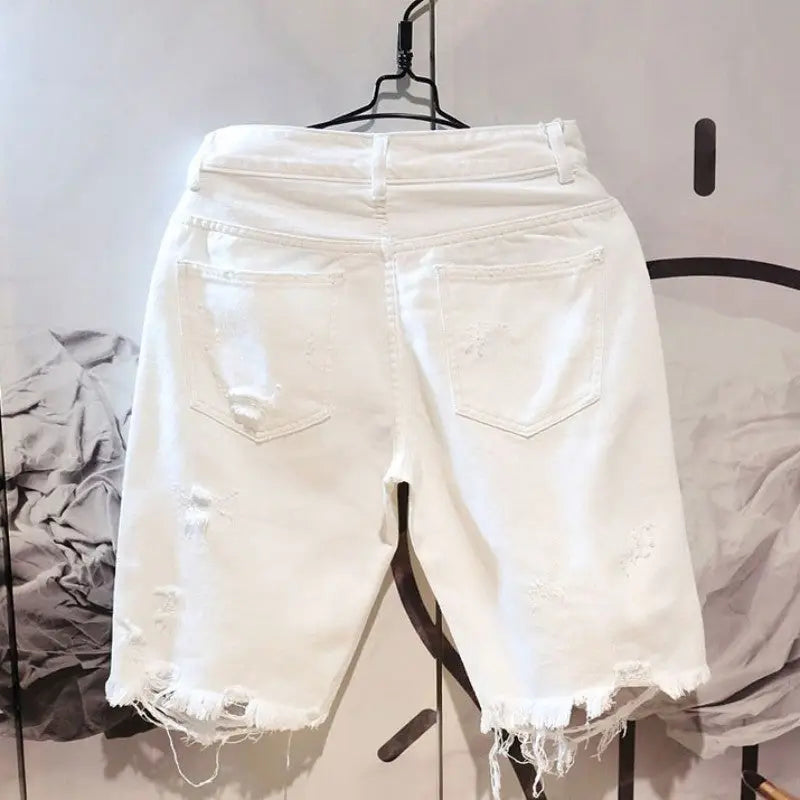 Men’s Casual White Ripped Denim Summer Shorts