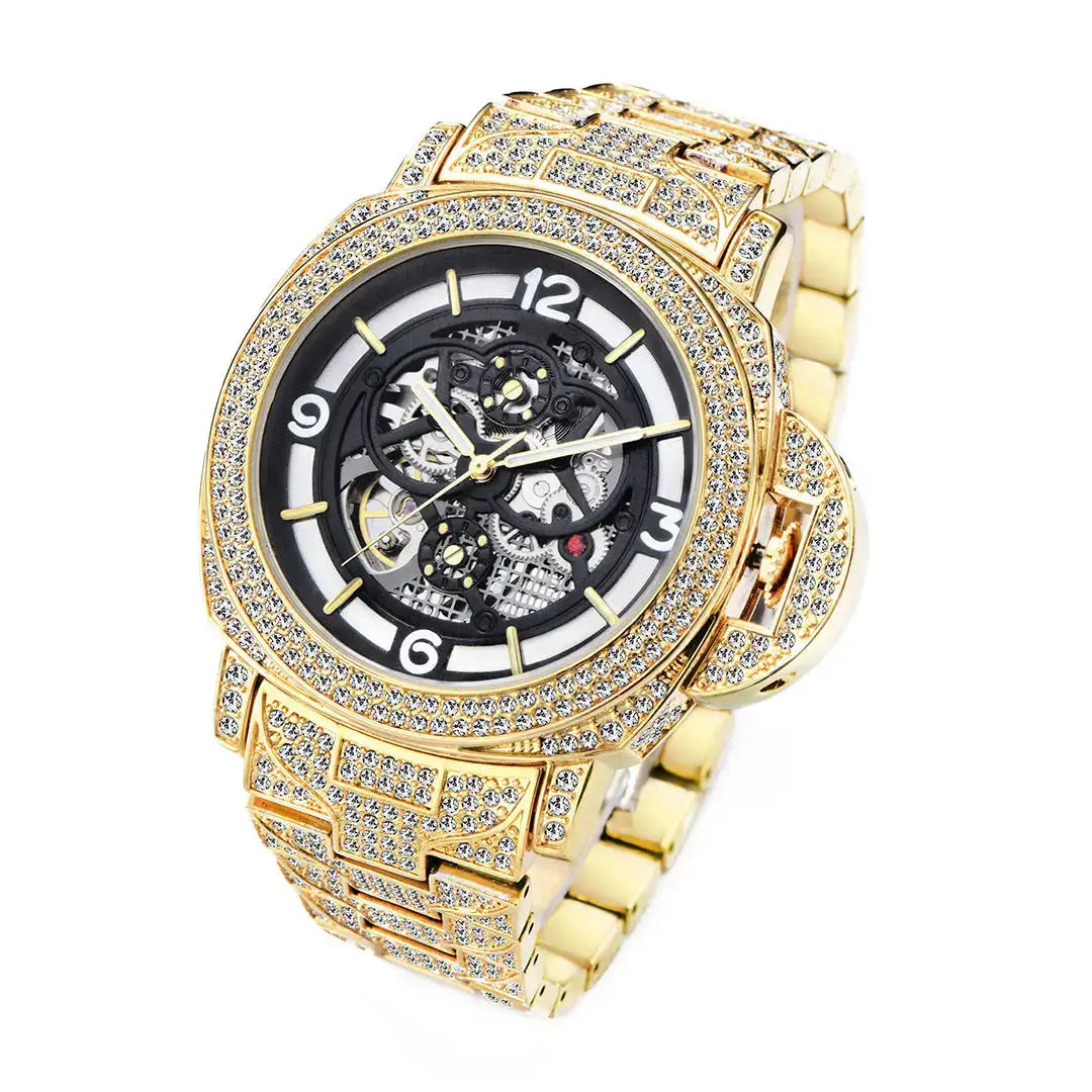 Men’s diamond luminous hollow mechanical watch gold-tone skeleton with black face and crystal-encrusted bezel and links