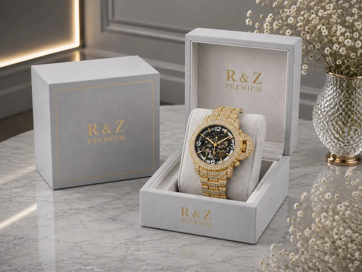 Men’s gold-tone mechanical watch with diamond luminous hollow black skeleton dial and gold hands in r&z box