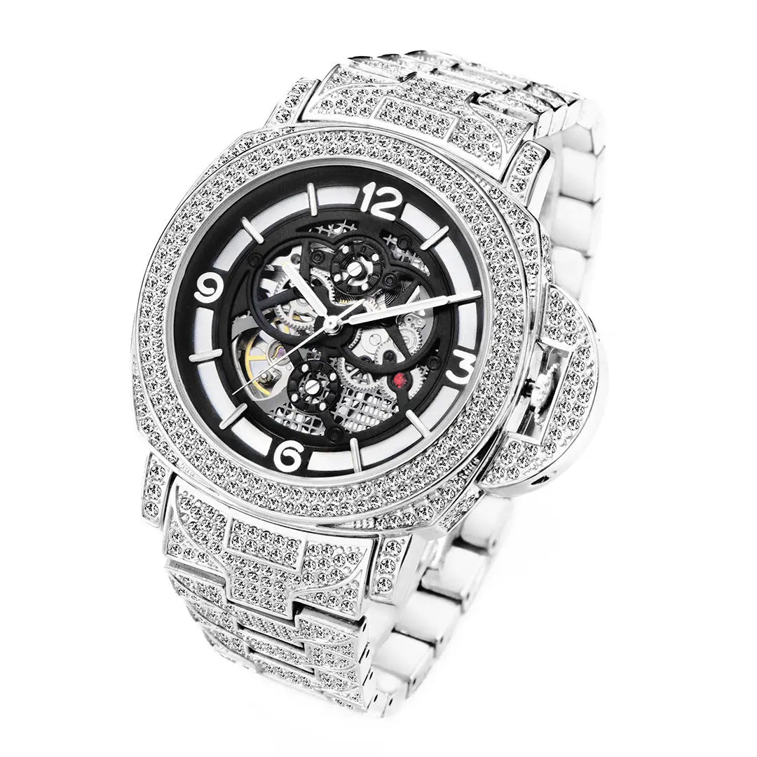 Men’s diamond luminous hollow mechanical watch with silver skeleton design and diamond-encrusted bezel and bracelet