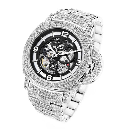 Men’s diamond luminous hollow mechanical watch with silver skeleton design and diamond-encrusted bezel and bracelet