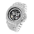 Men’s diamond luminous hollow mechanical watch with silver skeleton design and diamond-encrusted bezel and bracelet