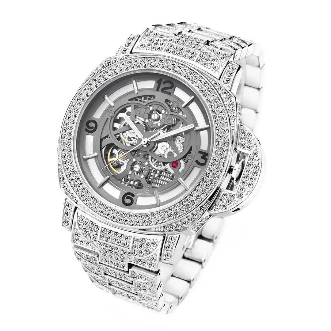 Men’s mechanical watch silver skeleton with diamond luminous hollow bezel and bracelet featuring red accent movement