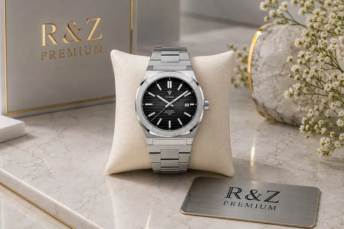Men’s fully automatic mechanical business watch with black dial white markers and sleek silver faced steel strip