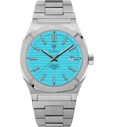 Men’s fully automatic mechanical business watch with silver stainless steel case and turquoise striped dial