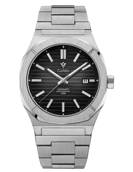 Men’s cadisen silver-toned automatic mechanical business watch with black striped dial and stainless faced steel strip bracelet