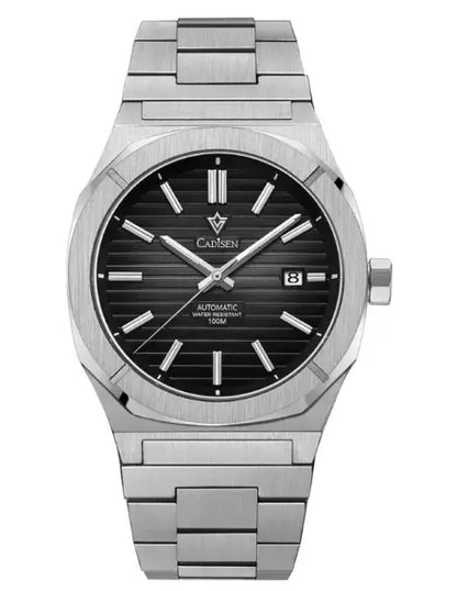Men’s cadisen silver-tone automatic mechanical business watch with black striped dial and stainless steel link bracelet