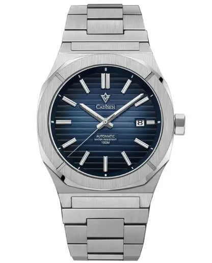 Men’s fully automatic mechanical movement business watch with silver stainless faced steel strip and blue sunray dial