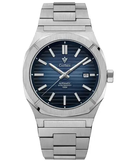 Men’s fully automatic mechanical business watch with blue sunray dial and silver-toned faced steel strip bracelet
