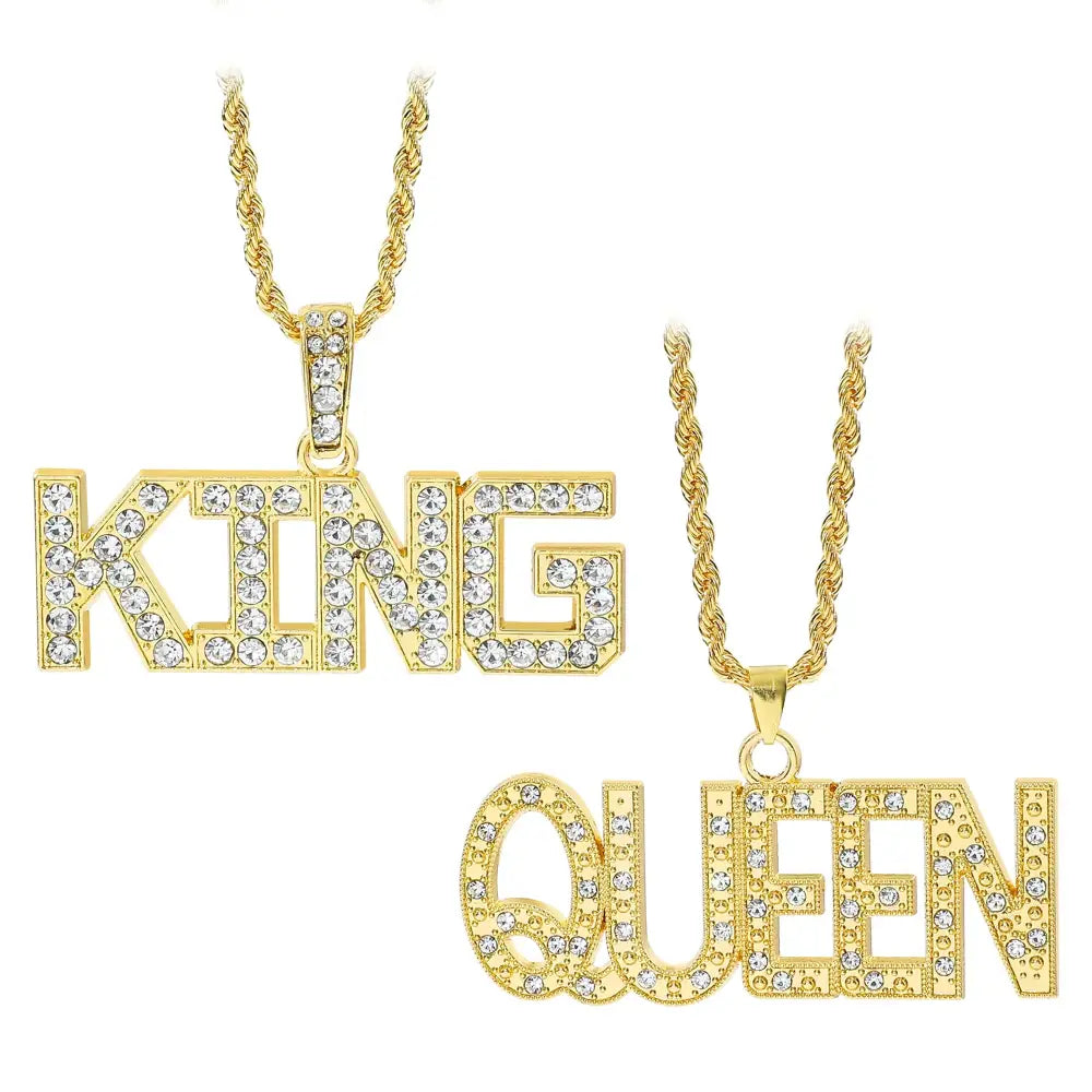 Men’s Hip Hop King Queen Pendant Necklace Full Rhinestone Bling Iced out Cuban Link Chain Fashionable Jewelry Gift