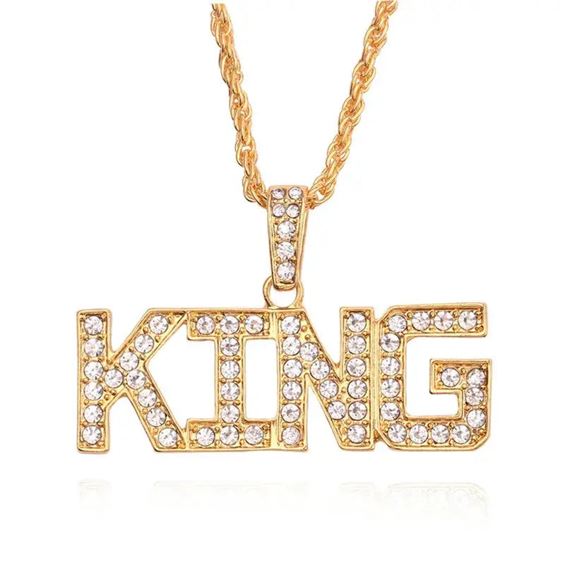 Men’s Hip Hop King Queen Pendant Necklace Full Rhinestone Bling Iced out Cuban Link Chain Fashionable Jewelry Gift