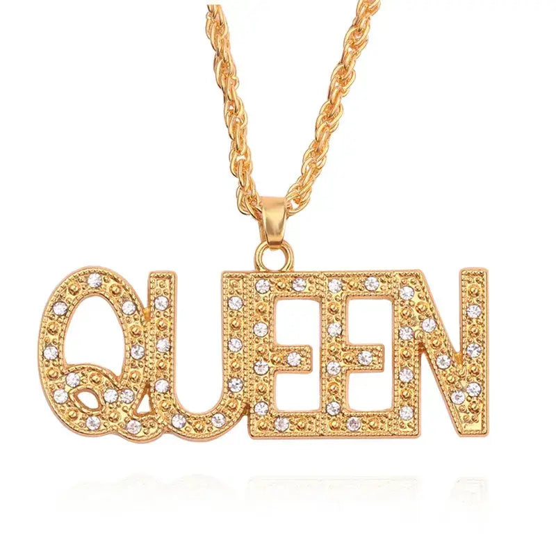 Men’s Hip Hop King Queen Pendant Necklace Full Rhinestone Bling Iced out Cuban Link Chain Fashionable Jewelry Gift