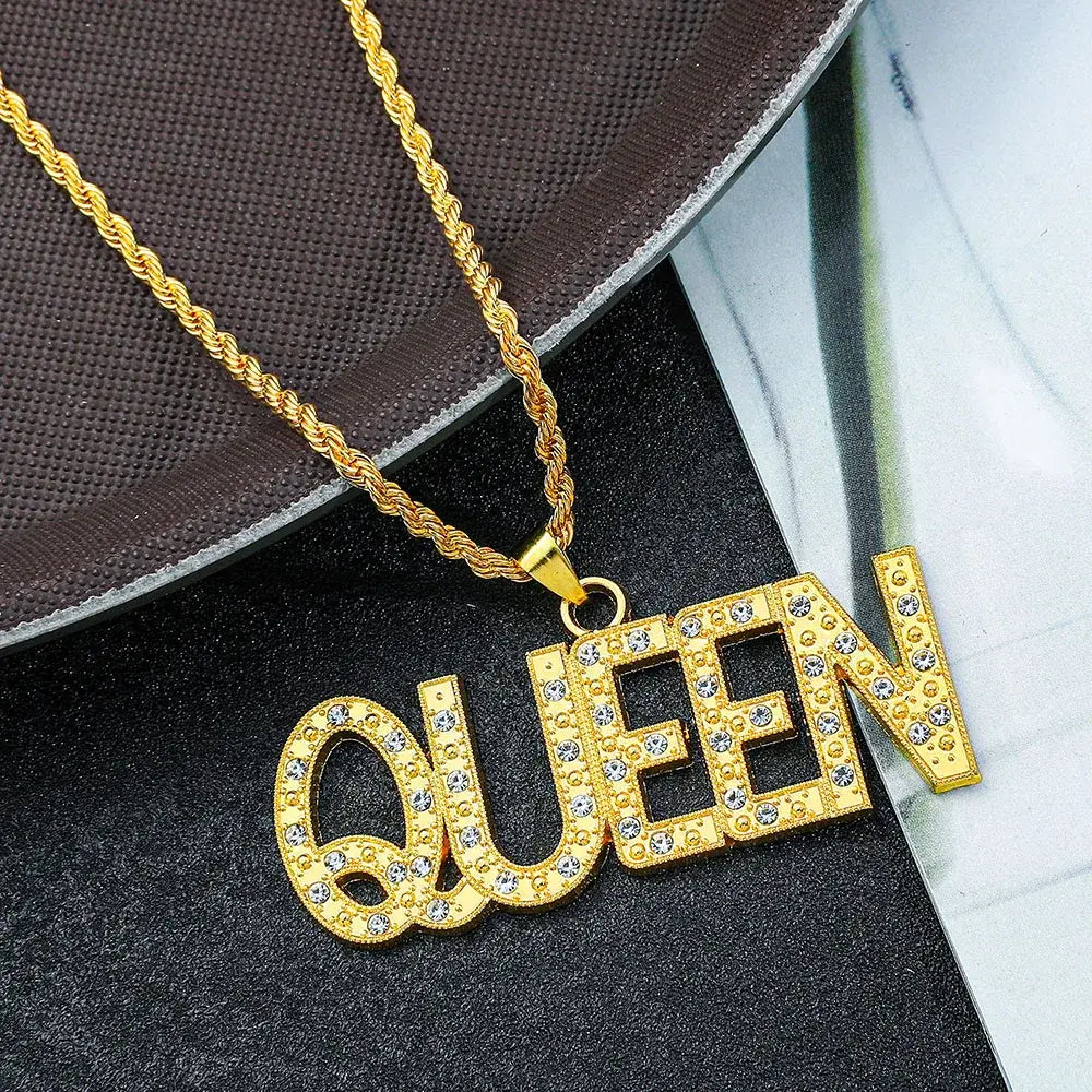 Men’s Hip Hop King Queen Pendant Necklace Full Rhinestone Bling Iced out Cuban Link Chain Fashionable Jewelry Gift