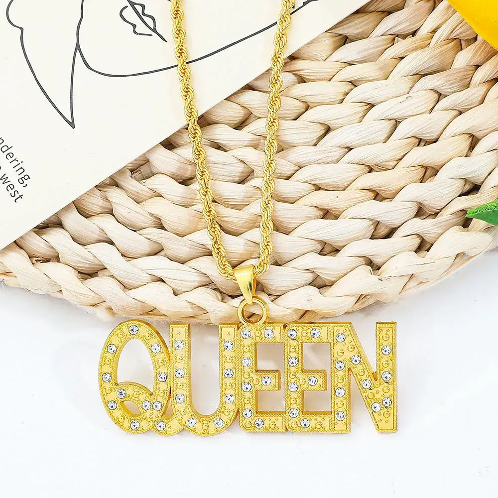 Men’s Hip Hop King Queen Pendant Necklace Full Rhinestone Bling Iced out Cuban Link Chain Fashionable Jewelry Gift