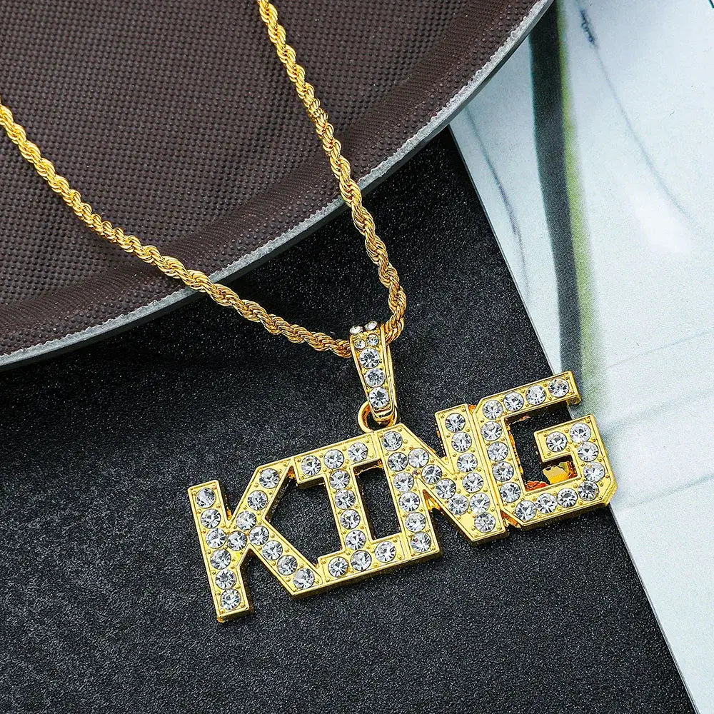 Men’s Hip Hop King Queen Pendant Necklace Full Rhinestone Bling Iced out Cuban Link Chain Fashionable Jewelry Gift