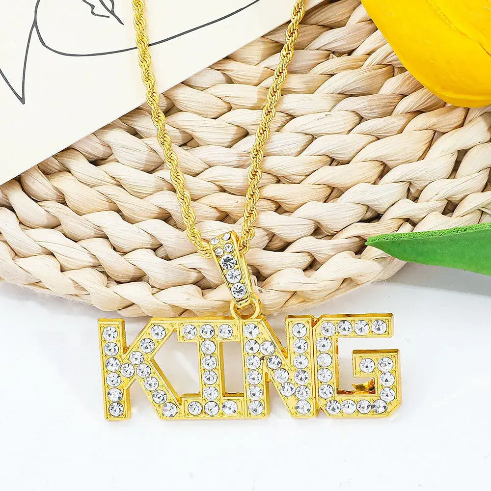 Men’s Hip Hop King Queen Pendant Necklace Full Rhinestone Bling Iced out Cuban Link Chain Fashionable Jewelry Gift