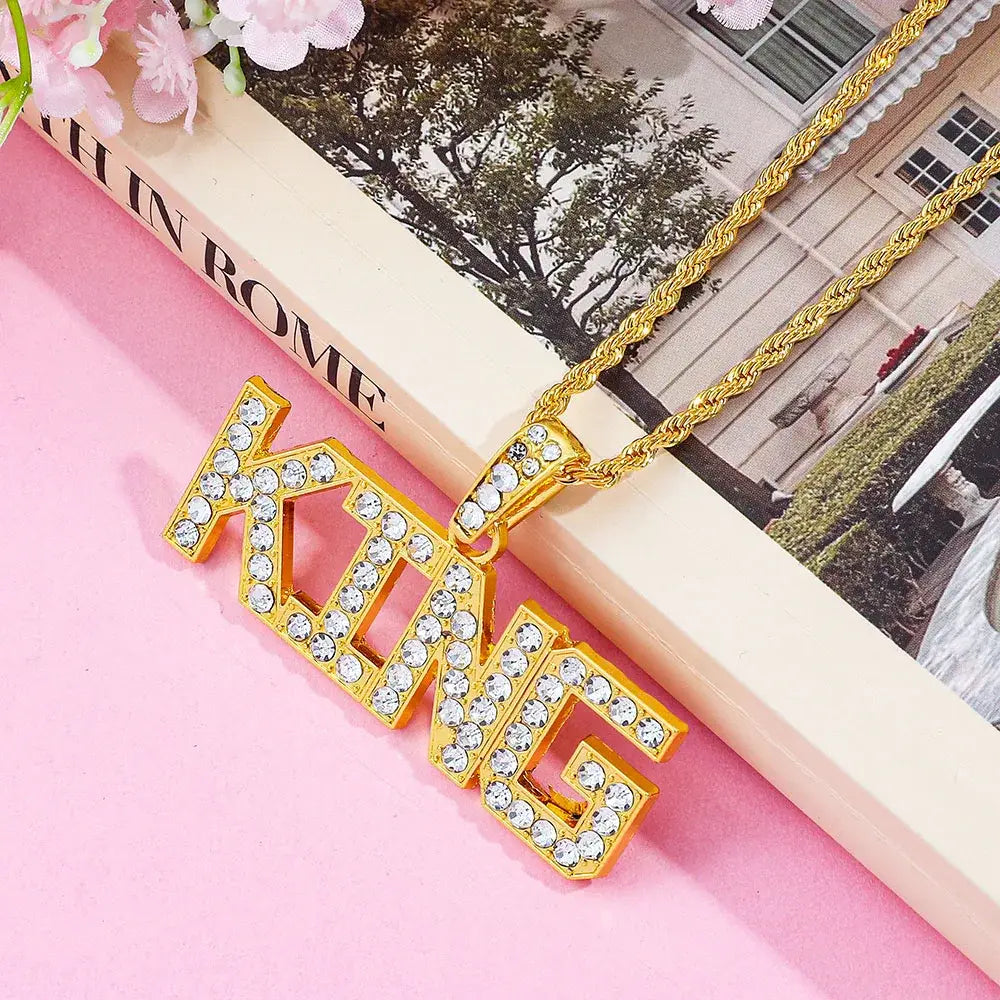 Men’s Hip Hop King Queen Pendant Necklace Full Rhinestone Bling Iced out Cuban Link Chain Fashionable Jewelry Gift