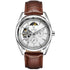 Men’s tourbillon silver-tone skeleton automatic mechanical watch with white dial brown leather strap waterproof automatic mechanical