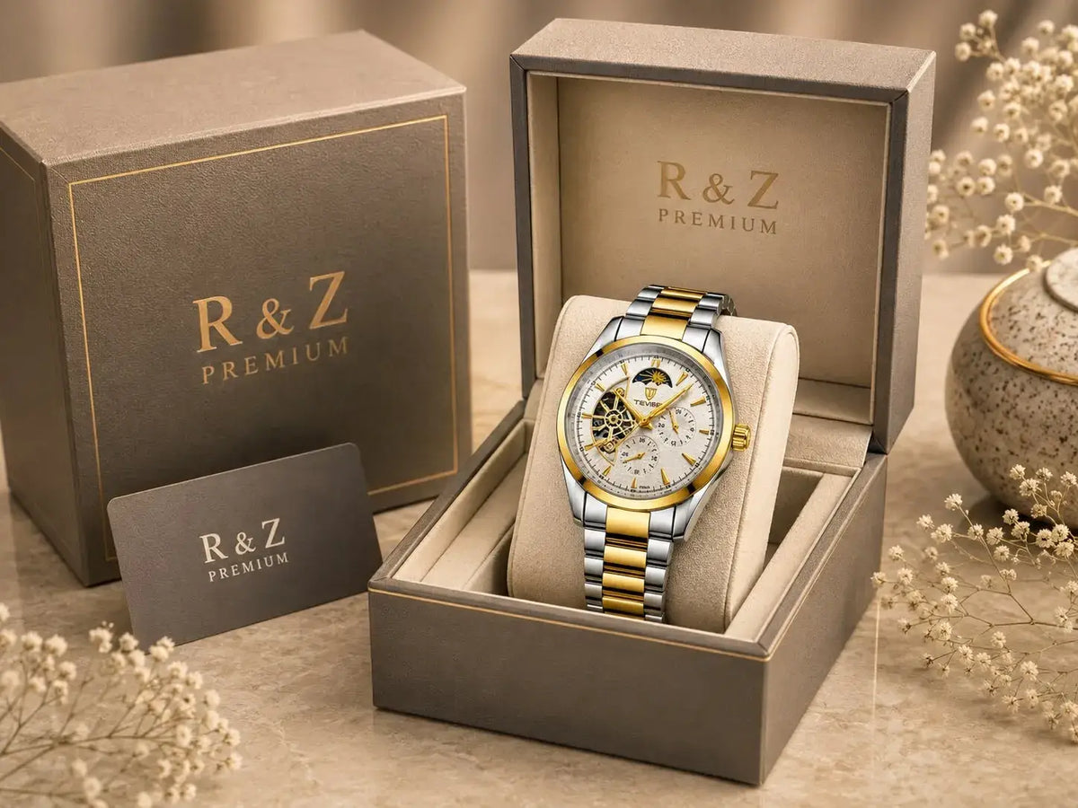 Men’s tourbillon waterproof automatic mechanical watch with two-tone stainless steel and gold case and skeletonized dial