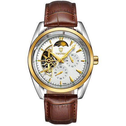 Men’s tourbillon waterproof automatic mechanical watch with silver and gold-tone case, white dial, and brown leather strap