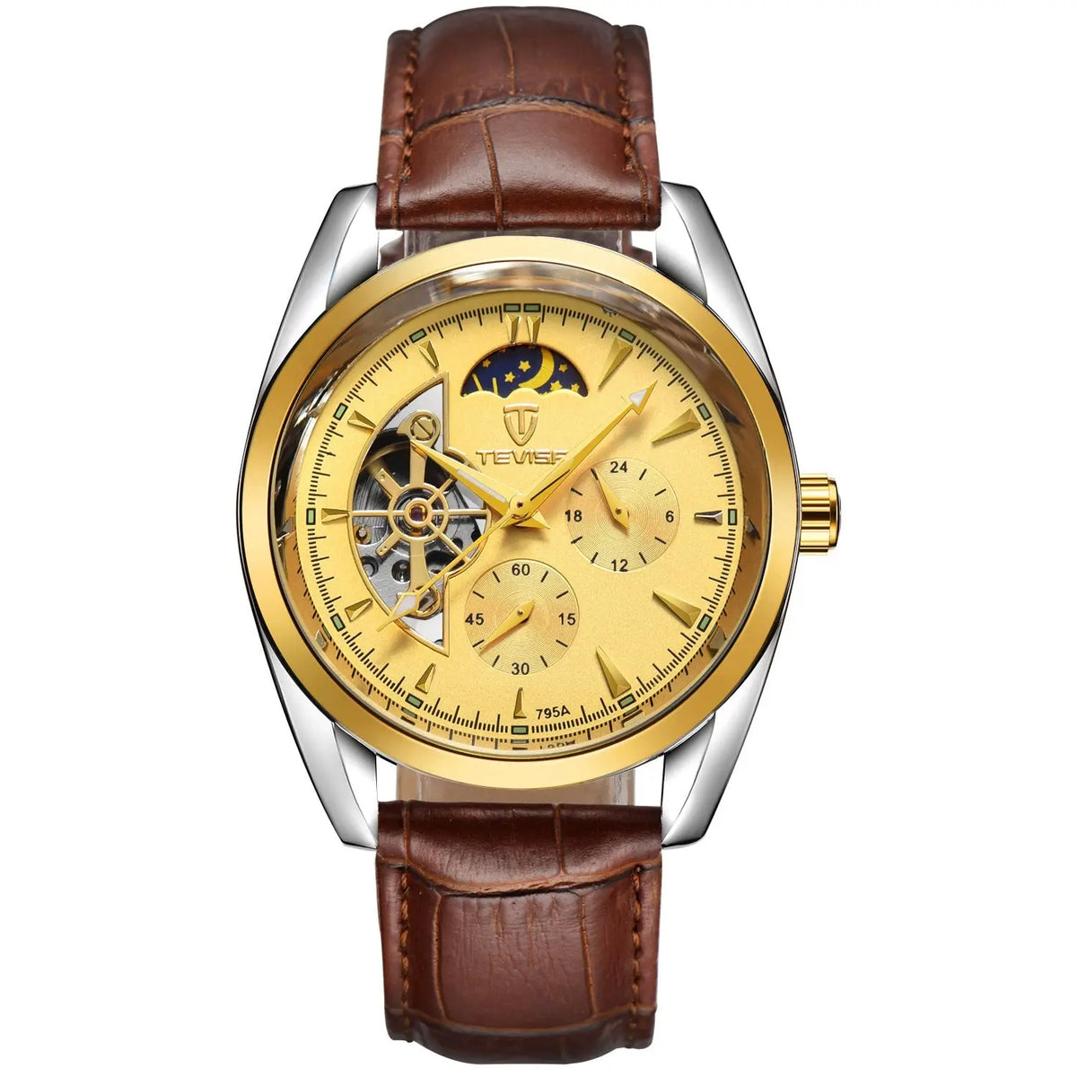 Men’s tourbillon gold-toned skeleton automatic mechanical watch with brown leather strap and waterproof automatic mechanical design