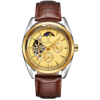 Men’s tourbillon gold-toned skeleton automatic mechanical watch with brown leather strap and waterproof automatic mechanical design