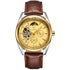 Men’s tourbillon gold-toned skeleton automatic mechanical watch with brown leather strap and waterproof automatic mechanical design