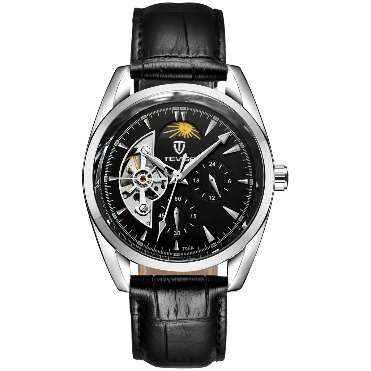 Men’s tourbillon waterproof automatic mechanical watch with black leather strap silver case and skeleton movement