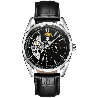 Men’s tourbillon waterproof automatic mechanical watch with black leather strap silver case and skeleton movement