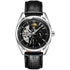 Men’s tourbillon waterproof automatic mechanical watch with black leather strap silver case and skeleton movement