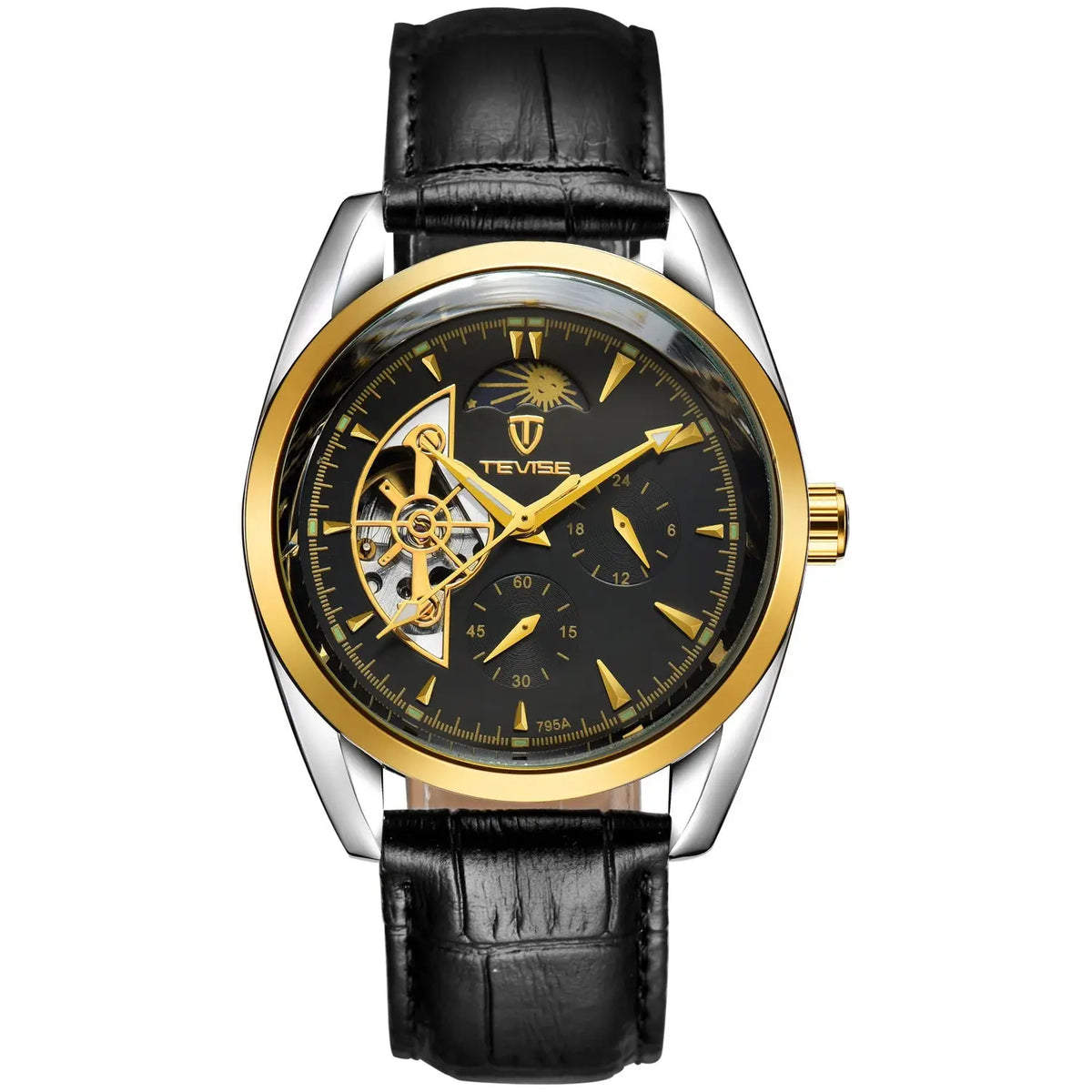 A sleek tevise men’s tourbillon waterproof automatic mechanical watch with black dial gold accents and leather strap