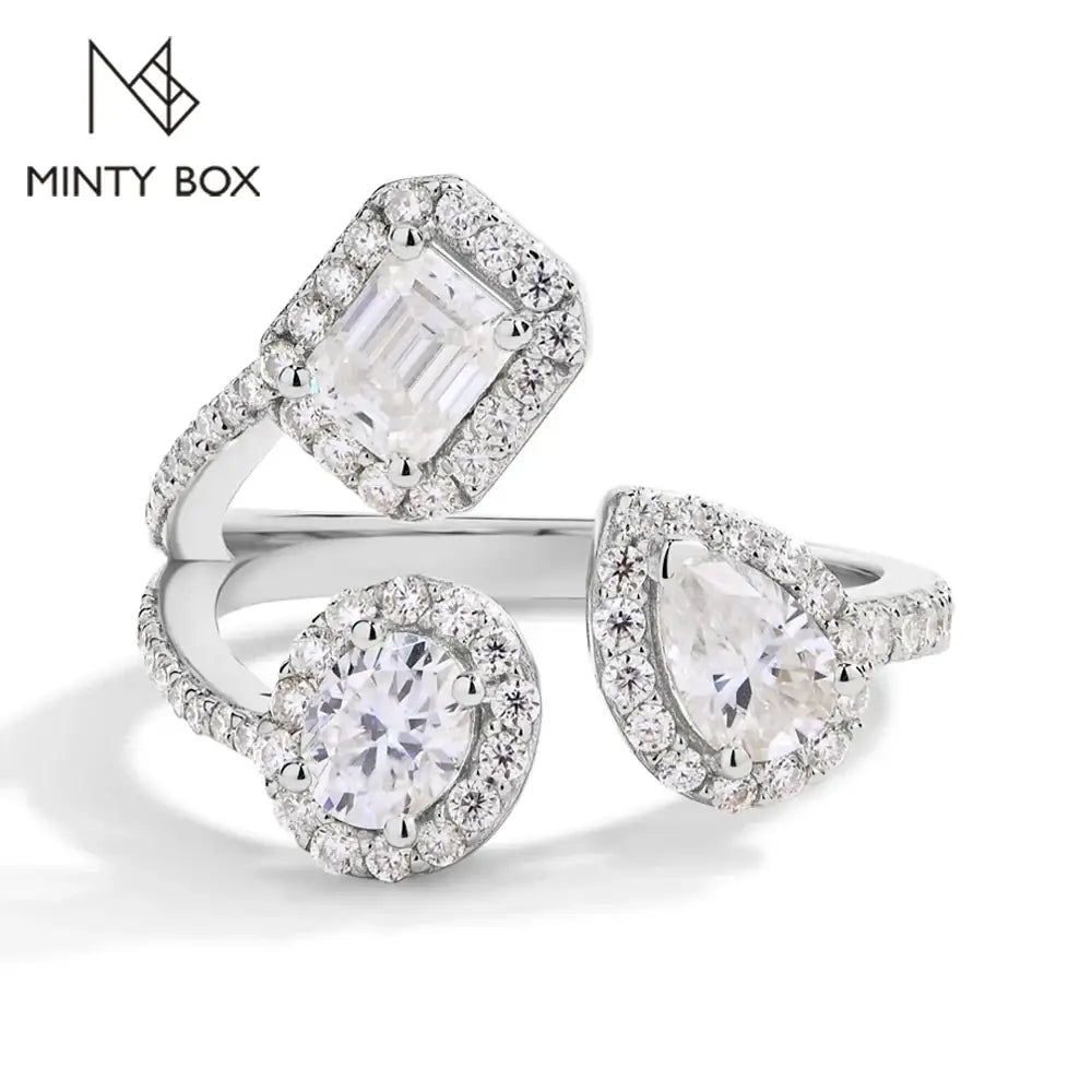 MINTYBOX Trendy Three Stone All DVVS1 Moissanite Rings for Women 925 Sterling Silver Open Ring Evening Daily Wear