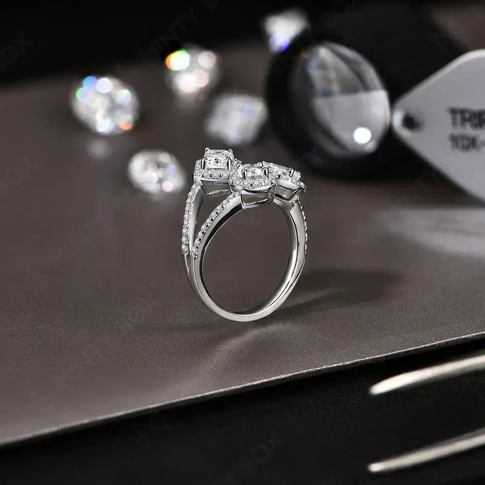 MINTYBOX Trendy Three Stone All DVVS1 Moissanite Rings for Women 925 Sterling Silver Open Ring Evening Daily Wear