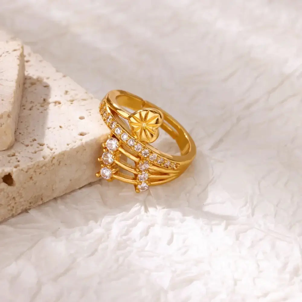 Multiple Stars Zirconia Designer Gold Color Cupid Heart Opening Ring Women Stackable Ring Engagement Party Jewelry