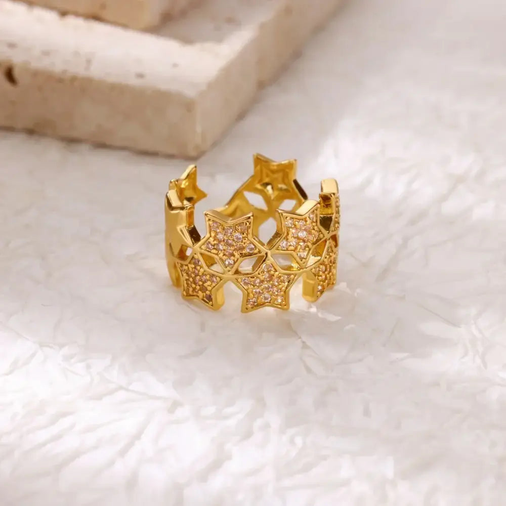 Multiple Stars Zirconia Designer Gold Color Cupid Heart Opening Ring Women Stackable Ring Engagement Party Jewelry