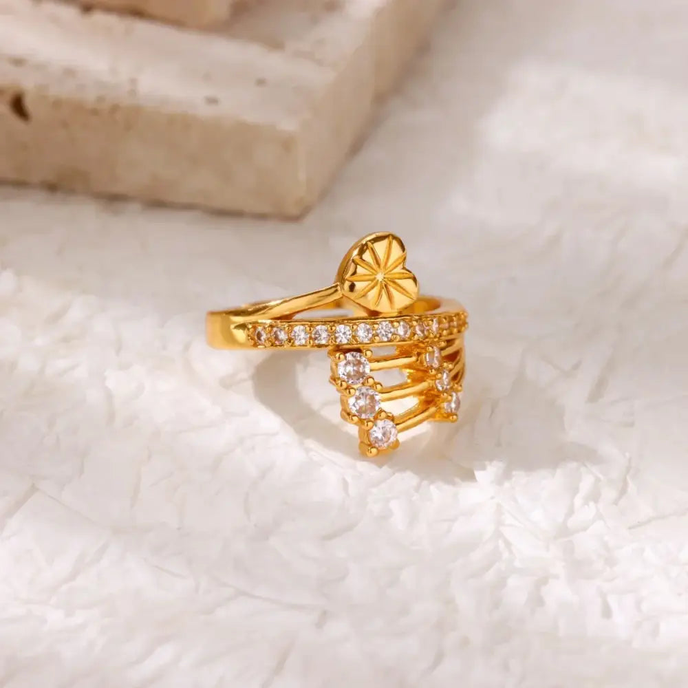 Multiple Stars Zirconia Designer Gold Color Cupid Heart Opening Ring Women Stackable Ring Engagement Party Jewelry
