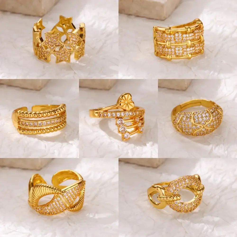 Multiple Stars Zirconia Designer Gold Color Cupid Heart Opening Ring Women Stackable Ring Engagement Party Jewelry