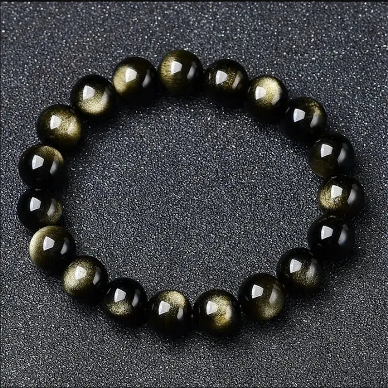 Natural Golden Obsidian Stone Beads Bracelet Men Women Golden Light Rainbow Obsidian Raw Stone Round Bead Natural