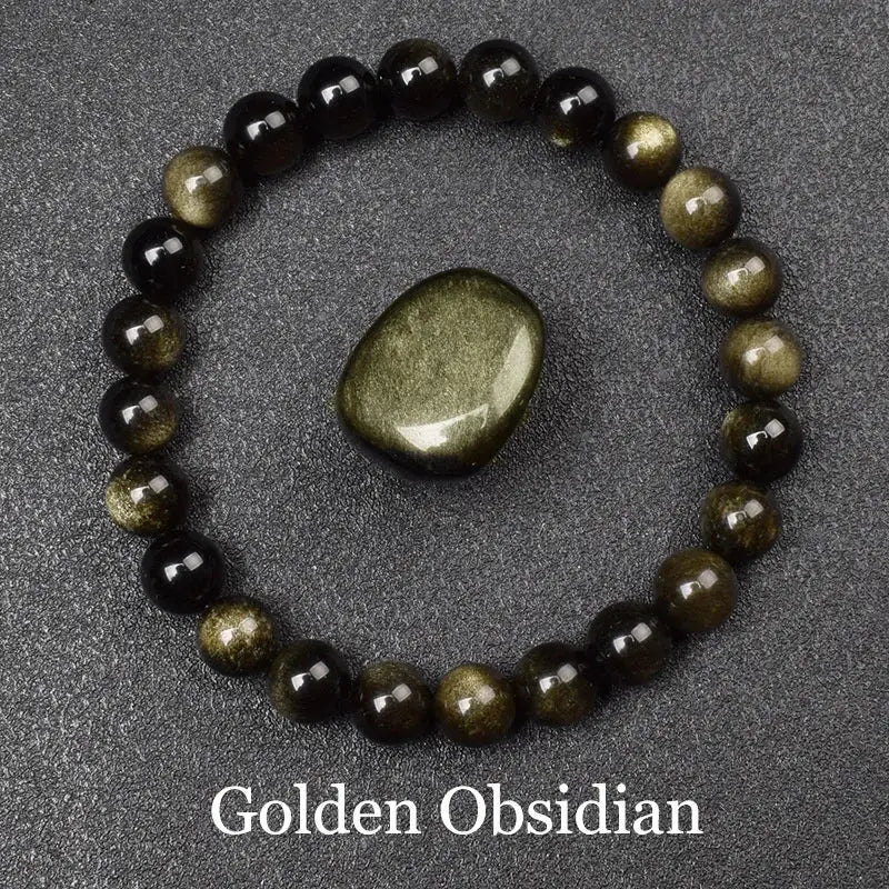 Natural Golden Obsidian Stone Beads Bracelet Men Women Golden Light Rainbow Obsidian Raw Stone Round Bead Natural