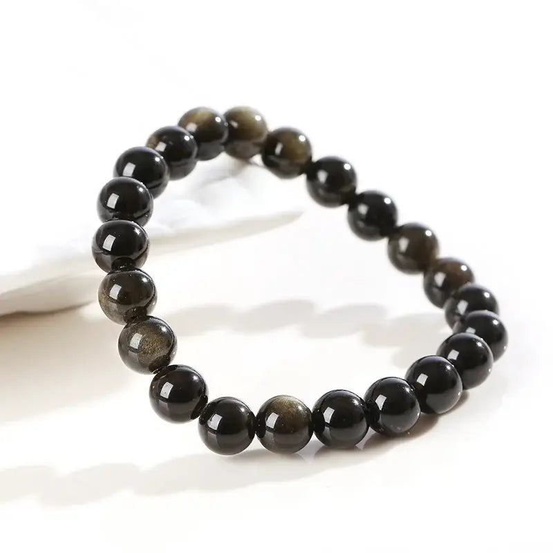 Natural Golden Obsidian Stone Beads Bracelet Men Women Golden Light Rainbow Obsidian Raw Stone Round Bead Natural