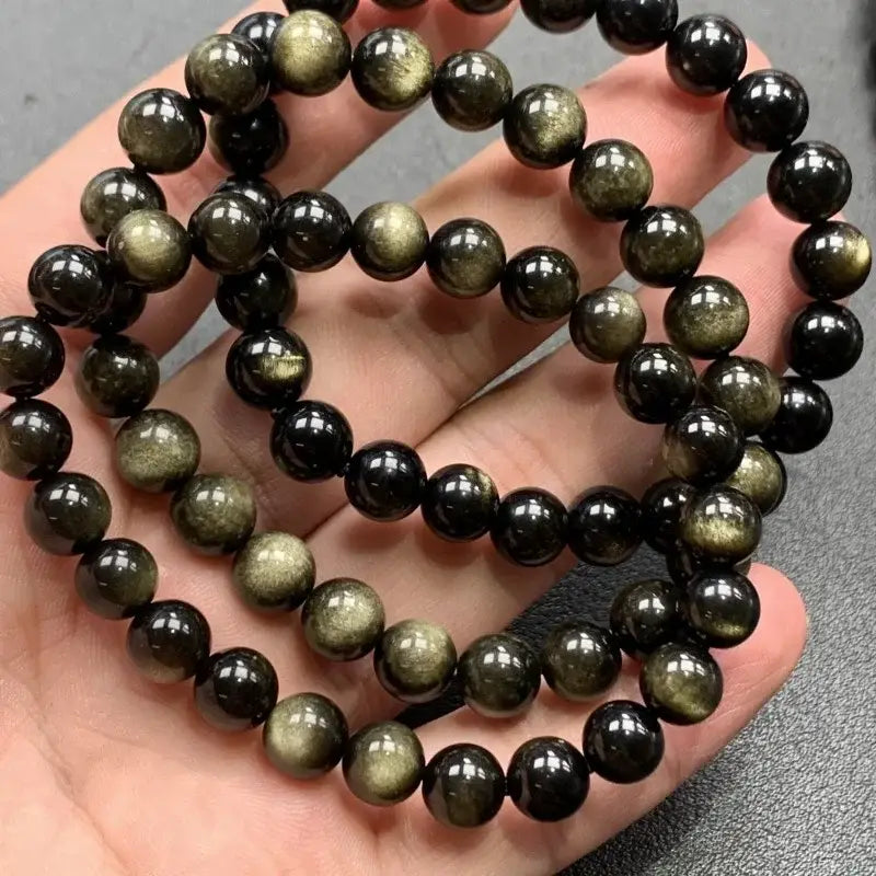 Natural Golden Obsidian Stone Beads Bracelet Men Women Golden Light Rainbow Obsidian Raw Stone Round Bead Natural