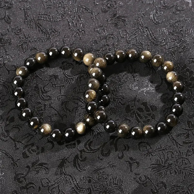 Natural Golden Obsidian Stone Beads Bracelet Men Women Golden Light Rainbow Obsidian Raw Stone Round Bead Natural