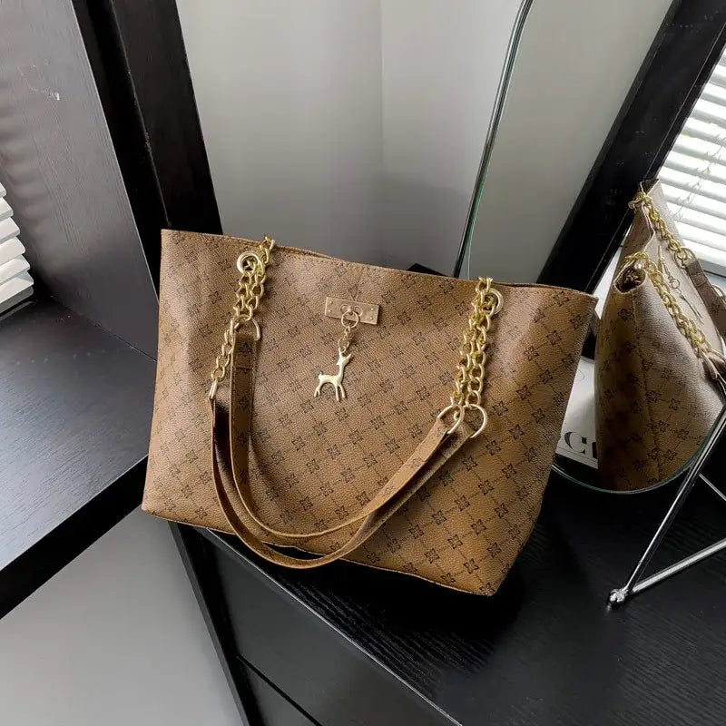 New Presbyopia Handbag Texture Soft Leather Large Capacity Tote Women Bag With Hanging Accessories Shoulder Bag - brown